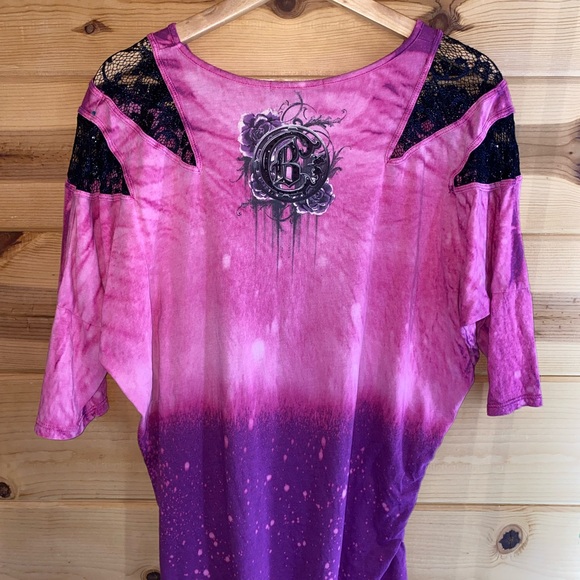 🗝️Crash & Burn Pink/Purple Tie Dye 3/4 Sleeve Top from Buckle, bedazzled - Picture 6 of 7